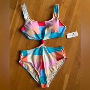 Beach Joy Bikini Swimsuit Knot Front One Piece Multi Color Square Print Large